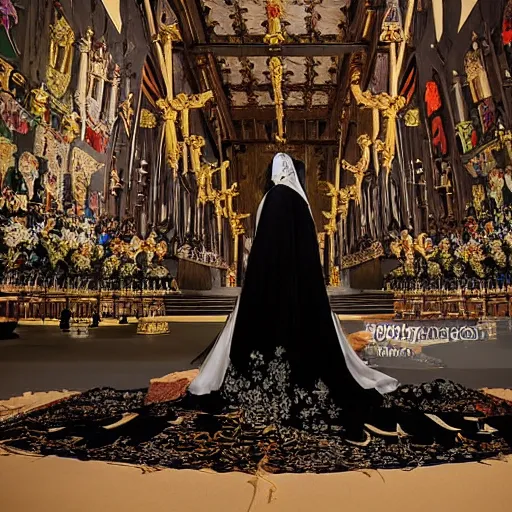 Prompt: A wide-angle, full-shot, colourful black-and-white Russian and Japanese historical fantasy portrait taken within the royal wedding cathedral in 1907 that was inspired by an enchanted ethereal forest was photographed by the event's official photographer.