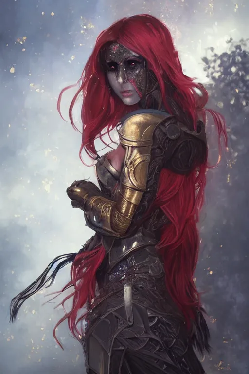 Image similar to portrait knights of Zodiac girl+smoky eyes, black and red reflected armor, in ruined Agora of Athensblack magic night, ssci-fi, fantasy, intricate, very very beautiful, elegant, golden light, highly detailed, digital painting, artstation, concept art, smooth, sharp focus, illustration, art by tian zi and WLOP and alphonse mucha