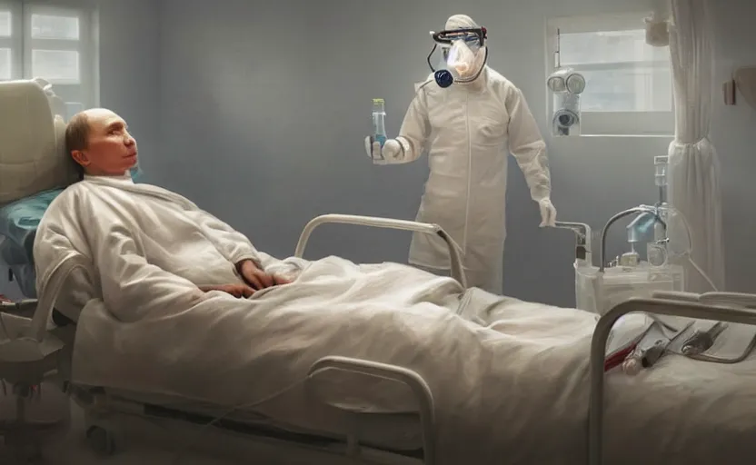 Image similar to hyperrealistic painting of very ill Vladimir Putin as a patient wearing an oxygen mask on a death bed inhaling from Copium tank that stand near his bed, artstation, matte painting, highly detailed, intricate, concept art, game art, octane render, 8k, unreal engine