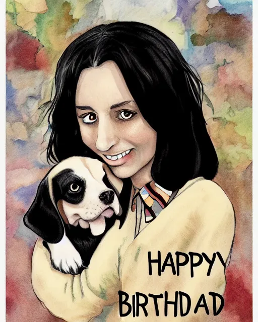 Image similar to happy birthday postcard in a style of Neil Gaiman book , black haired girl holding a beagle puppy, trending on artstation, 8k, highly detailed