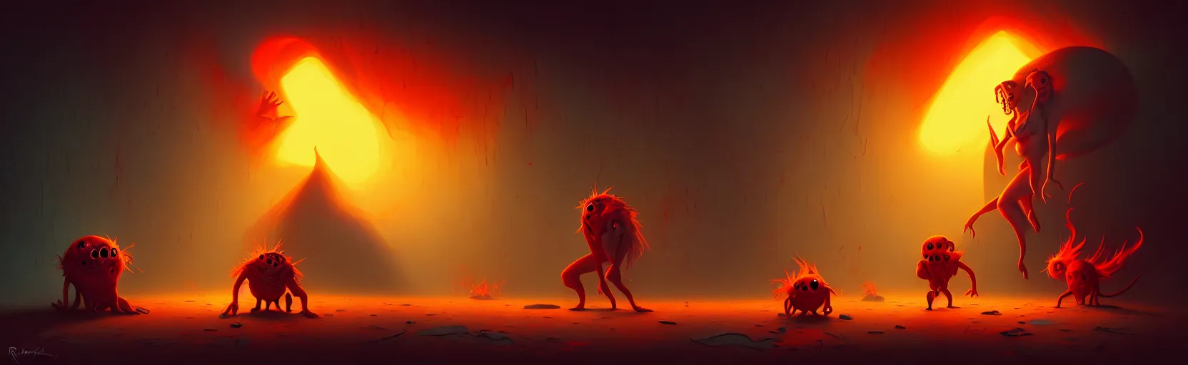 Prompt: wild whimsical fiery mutants from the depths of a wasteland deep in the imaginal realm, dramatic lighting, surreal fleischer cartoon characters, shallow dof, surreal painting by ronny khalil