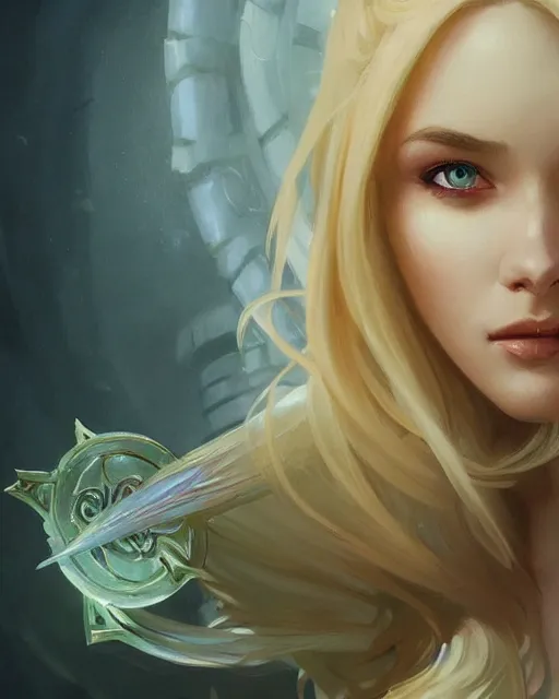 Image similar to '' Portrait of Beautiful blonde Slavic woman, league of legends, LOL, fantasy, d&d, digital painting, artstation, concept art, sharp focus, illustration, art by greg rutkowski and alphonse mucha ''