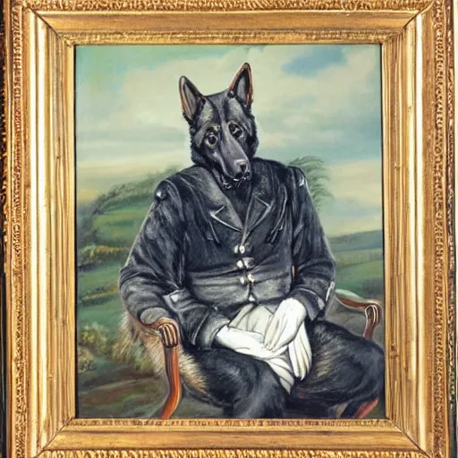 Image similar to a oil painting of a anthropomorphic german shepherd beast - man, wearing military outfit, sitting on an armchair