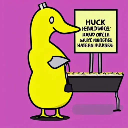 Image similar to a yellow human sized duck standing next to a lemonade stand, cartoon, high resolution