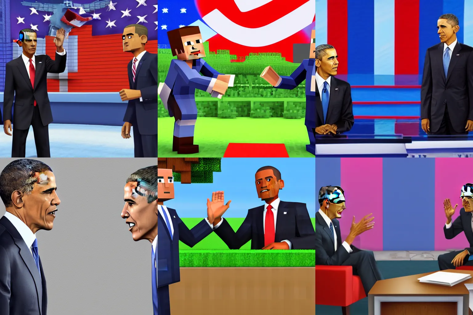 Prompt: Still image from the 2024 Presidential Debate between Barack Obama and Steve from Minecraft, photorealistic painting, trending on artstation