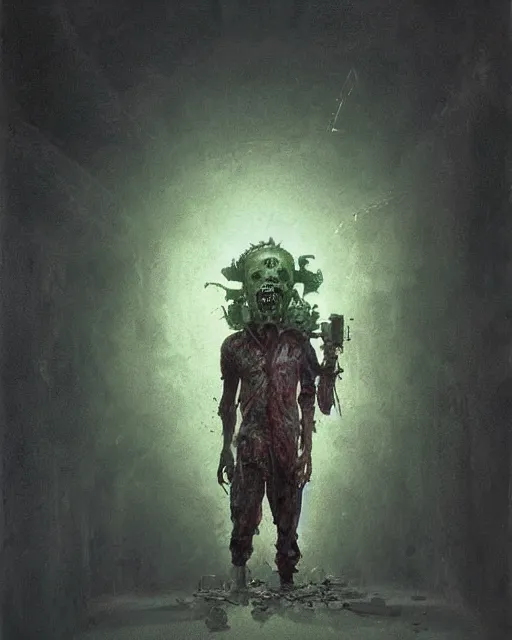 Prompt: hyper realistic photo portrait zombie with a television on his head cinematic, greg rutkowski, james gurney, mignola, craig mullins, brom