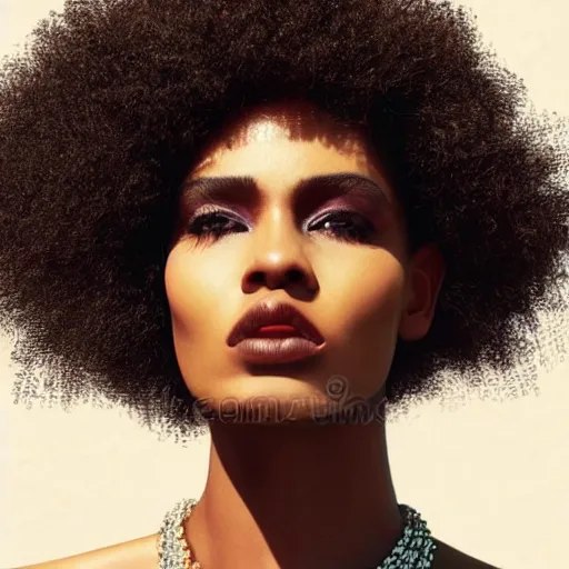 Prompt: close up of head of a black fashion model with large afro, gta editorial of vogue magazine, highly detailed