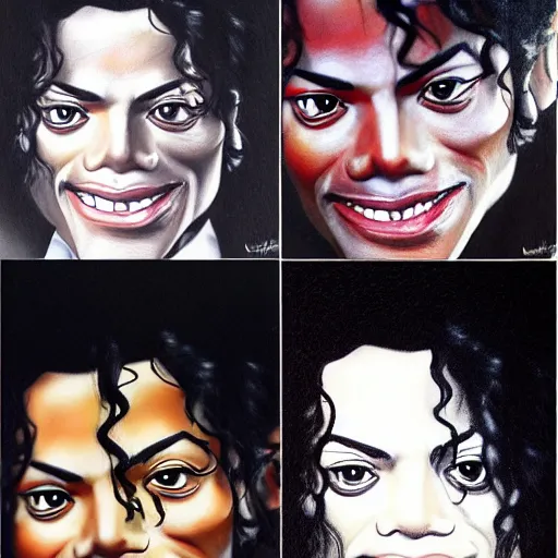 Prompt: Caricature portraits done of Michael Jackson, realistic, hyperrealistic, very realistic, highly detailed, very detailed, extremely detailed, detailed, oil painting, digital art, trending on artstation