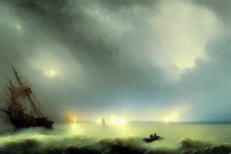 Image similar to A beautiful painting of port town during thunderstorm by Ivan aivazovsky and greg rutkowski