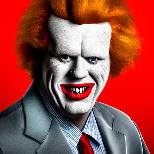 Image similar to photo portrait of ronald mcdonald with the face of gary busey, ronald mcdonald, realistic, hyperrealistic, 8 k resolution, hd quality, very detailed, highly detailed, intricate details, real life, real world, trending on artstation, digital art, really realistic, very realistic, headshot, head in frame, photograph, portrait