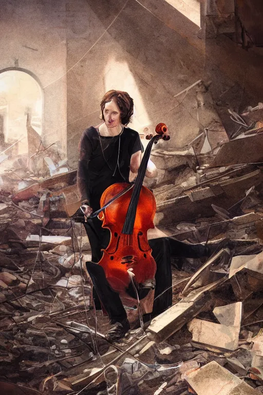 Prompt: a portrait of a cellist playing in the rubble of a fallen building, beautifully lit, slightly surreal, artstation