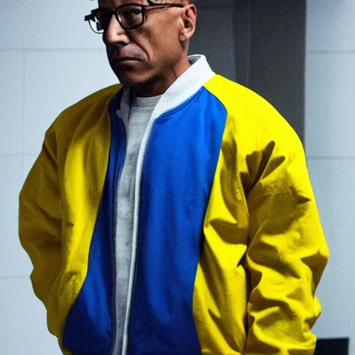 Image similar to gus fring in a blue varsity jacket with yellow sleeves, still from breaking bad