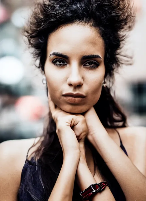 Prompt: color medium shot portrait of beautiful well-groomed Brazilian 26-year-old woman model, candid street portrait in the style of Brian Ingram award winning, Sony a7R