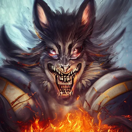 Image similar to A epic and beautiful rococo painting of a Werewolf using a burning laboratory. Castlevania style. ultra-detailed. Anime, pixiv, UHD 8K CryEngine, octane render