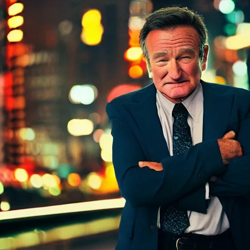 Image similar to a still of Robin Williams. Shallow depth of field. City at night in background, lights, colors ,studio lighting, mood, 4K. Profession photography