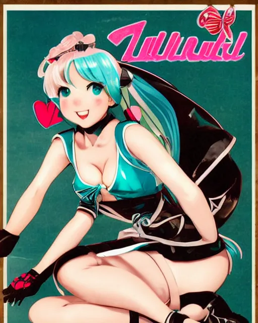 Prompt: Hatsune Miku full body pin up modeling in idol unioform, with a park in the back ground, post war style, detailed face, american postcard art style, by Gil Elvgren and Julie Bell