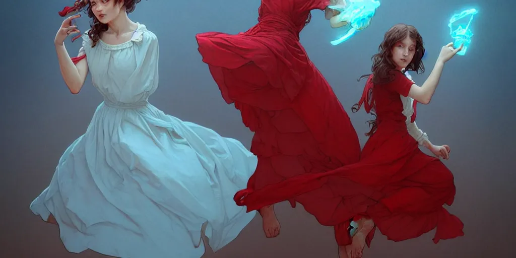 Prompt: girl wearing a light blue dress and ruby red shoes, horror, highly detailed, character portrait, digital painting, artstation, concept art, matte, sharp focus, illustration, art by artgerm and greg rutkowski and michael whelan and gustave dore and alphonse mucha