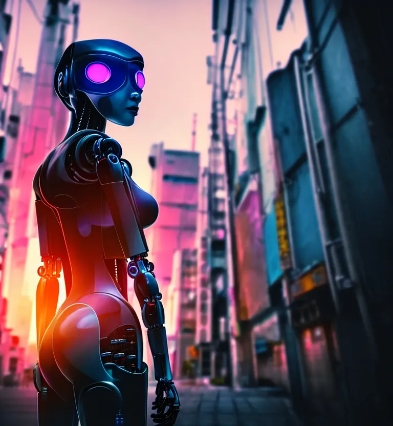 Image similar to a photo close up cyberpunk half robot half girl stands in a cyberpunk hiroshima, prefecture streets, sunset, photorealistic, cinematic lighting, very detailed, style by tomino - sama