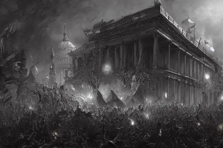 Prompt: zombies attacking the White House, hyperdetailed, artstation, cgsociety, by greg rutkowski, by Gustave Dore