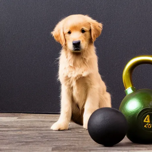 Prompt: A very small golden retriever, next to a huge kettlebell, award winning photo, 4k, highly detailed, 35mm lens, bokeh