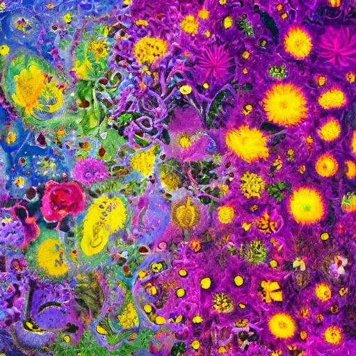 Image similar to This illustration is a large canvas, covered in a wash of color. In the center is a cluster of flowers, their petals curling and twisting in on themselves. The effect is ethereal and dreamlike, and the overall effect is one of serenity and peace. by Pipilotti Rist, by Tom Hammick, by Heather Theurer blocks