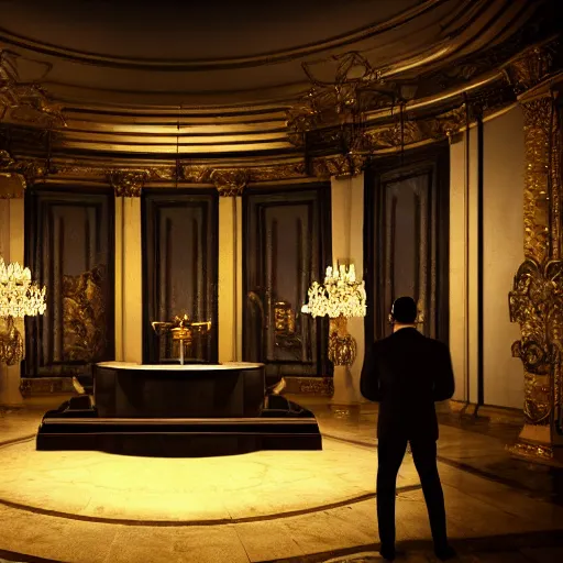 Image similar to upscale mysterious private auction, unnameable relics on display, cinematic lighting, moody lighting, extravagant details, lobby in the distance, elite dark figure