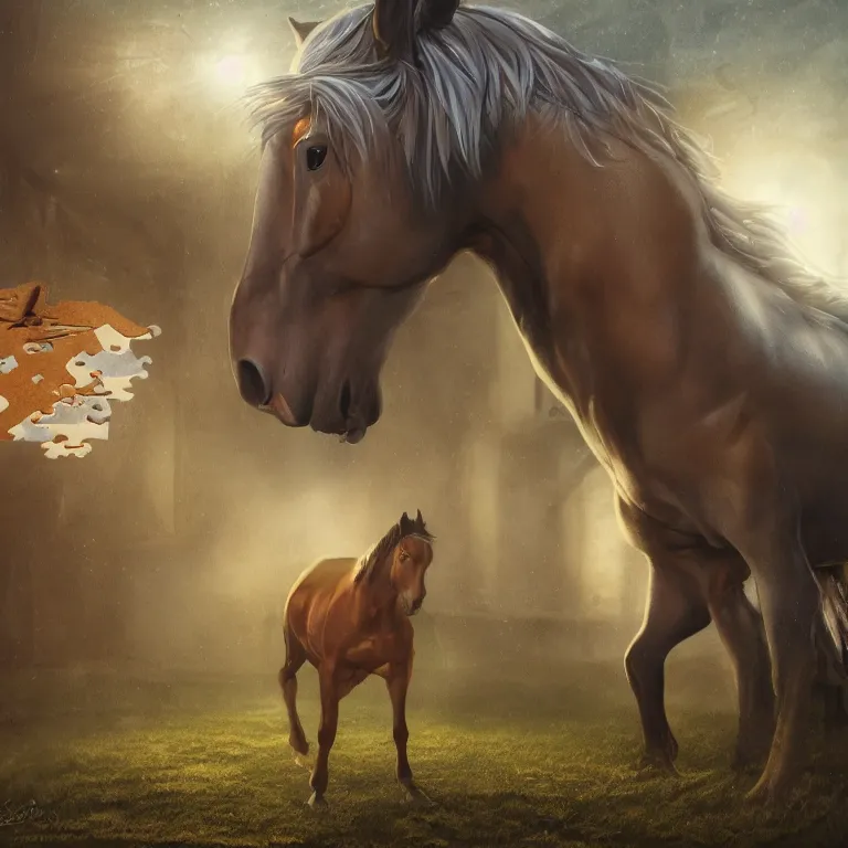 Image similar to A horse attempting to solve a jigsaw puzzle, looking confused, cinematic lighting, evening light, stables, digital painting, volumetric light, concept art, trending on artstation