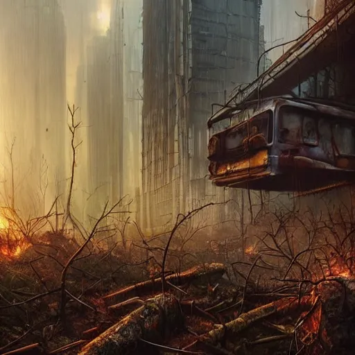 Prompt: wild forest!!! vegetation!!!, rubble!!, rusty cars!!, postapocalyptic city of munic!!, hyperrealistic, highly detailed, cinematic, foggy light from fires, beautiful, cgssociety, artstation, 8 k, oil painting by greg rutkowski, by artgerm, by wlop