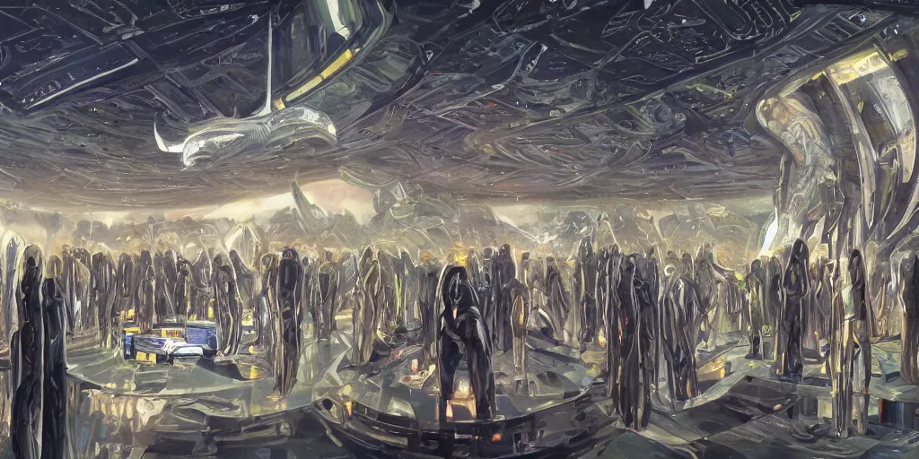 Image similar to aliens praying in a futuristic church, concept art by Peter Lloyd, oil on canvas, highly detailed, science fiction