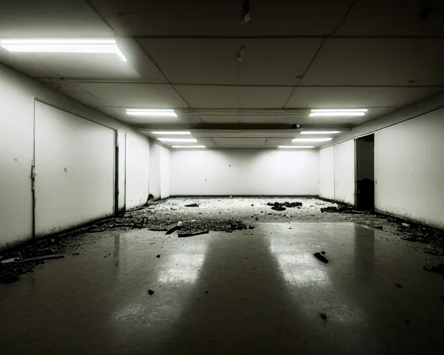 Prompt: the backrooms, the eerie forlorn atmosphere of a place that's usually bustling with people but is now abandoned and quiet, buzzing fluorescent lights above the ceiling, unsettling images, liminal space, dark, white monster standing