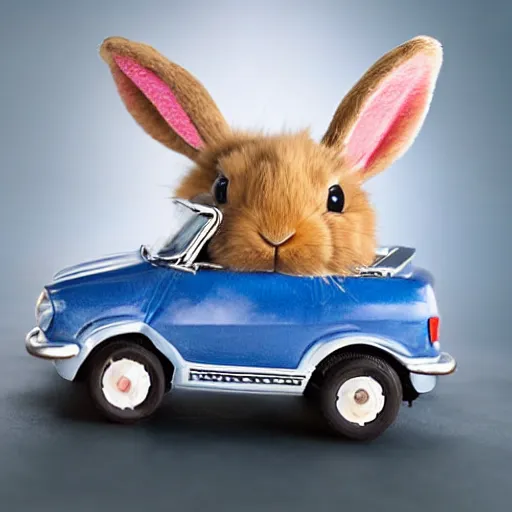 Image similar to a cute bunny driving miniture convertible, studio photo, high quality