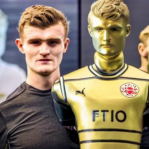 Image similar to a realistic detailed photo of a guy who is an attractive humanoid who is half robot and half humanoid, who is a male android, soccer players martin ødegaard & timo werner, shiny skin, posing like a statue, blank stare, in a museum, on display, showing off his muscles, gold soccer shorts, no jersey, side to side, statue