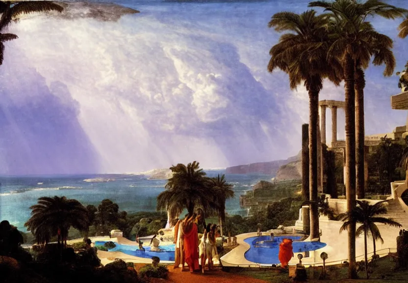 Image similar to The highest coliseum ever made, 1km tall, thunderstorm, greek pool, beach and palm trees on the background major arcana sky, by paul delaroche, hyperrealistic 4k uhd, award-winning very detailed