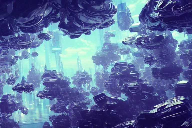 Prompt: simplicity, a huge flock of many ornate translucent puffy filigreed clouds tangled into large whirling ultra detailed crystal specimens, cyberpunk environment, playful, award winning art, epic dreamlike fantasy landscape, ultra realistic,