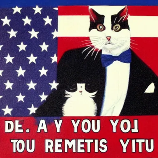 Image similar to cat in red white & blue suit in miliatry recruitment poster we want you