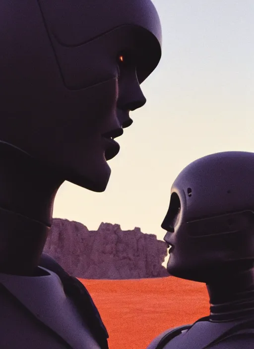 Image similar to cinestill 5 0 d f / 3 2 3 5 mm photographic portrait of two loving female androids wearing rugged black techwear on a desolate plain with a brutalist monument and a red sky, extreme closeup, cyberpunk style, dust storm, 8 k, hd, high resolution, ultra realistic faces, ex machina