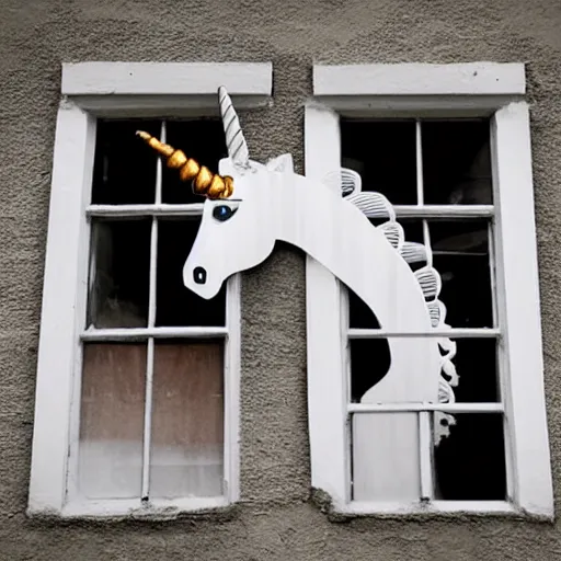 Image similar to Unicorn skeleton standing next to an open window