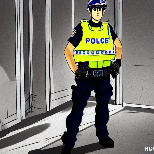 Prompt: A British police officer in London, wearing hivis and and a custodian helmet, anime art style, highly detailed, ambient lighting, trending on art station