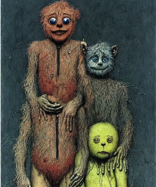 Image similar to a detailed creepy zippy bungle and george, characters from uk children's tv show rainbow! perfect faces, extremely high details, realistic, fantasy art, solo, masterpiece, art by zdzislaw beksinski, arthur rackham, dariusz zawadzki, hermann nitsch