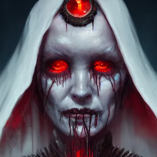 Prompt: a beautiful portrait of a creepy ancient elderly necromancer queen, embers, skeletal, red-fabric, red-eyes, grey-skin, by Greg Rutkowski and Raymond Swanland, Trending on Artstation, ultra realistic digital art