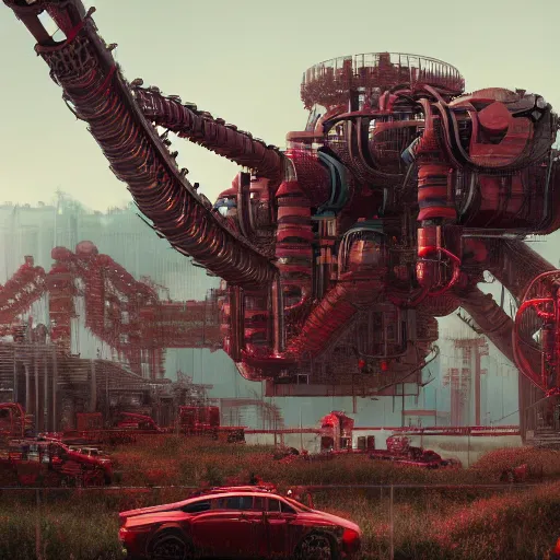 Image similar to factorio production line, intricate artwork by tooth wu and wlop and beeple. octane render, trending on artstation, greg rutkowski very coherent symmetrical artwork. cinematic, hyper realism, high detail, octane render, 8 k, red and black tones