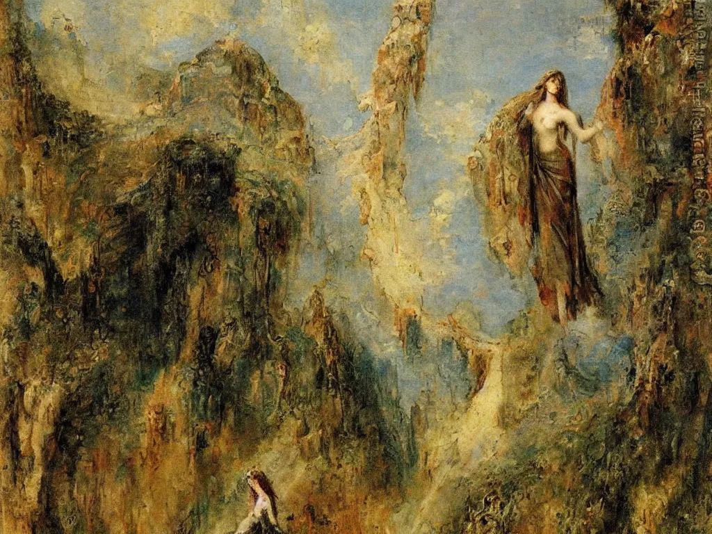 Prompt: figure with scenery. painting by gustave moreau