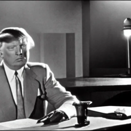 Image similar to a film still from a 1 9 4 0's film noir movie with donald trump sitting at a metal table in an dark interrogation room with a hanging light shining on him, dramatic lighting