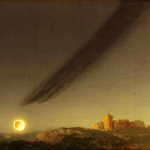 Prompt: dark solar eclipse, above a village, highly detailed, studio 4 k quality, by arnold bocklin