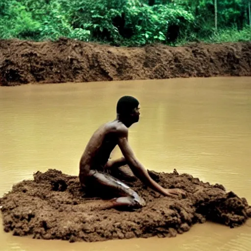 Image similar to 1 8 year old black boy soldier, rising out of muddy vietnam river, face covered in mud, low camera angle at water level, night time, film still from apocalypse now ( 1 9 7 9 ), 2 6 mm,