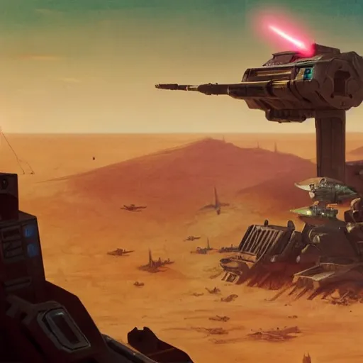 Prompt: Laser Turret shooting up into the air at a Ship, Desert Planet, War, Star Wars, Warhammer 40k, Simon Stålenhag