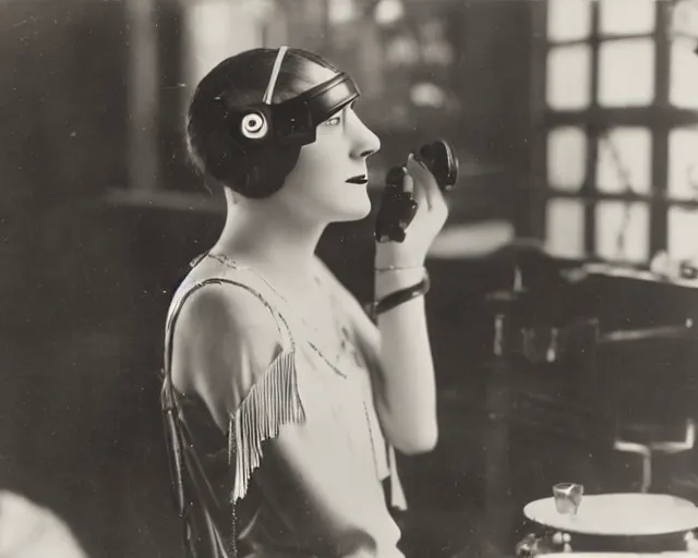 Image similar to 1 9 2 0 s photo of a flapper girl wearing a vr headset on a stage in a speakeasy