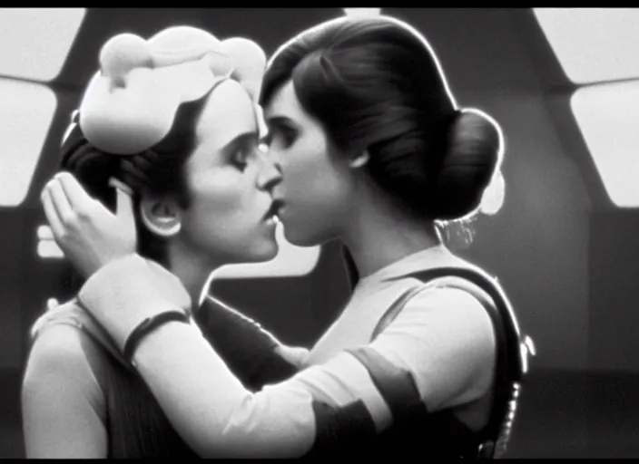 Prompt: screenshot of Han Solo kissing Princess Leia Organa, alone,, iconic scene from 1970s Star Wars film directed by Stanley Kubrick, in a sci fi nursing home architecture, last jedi, 4k HD, cinematic still frame, photoreal, beautiful portraits, moody lighting, stunning cinematography, anamorphic lenses, kodak color film stock