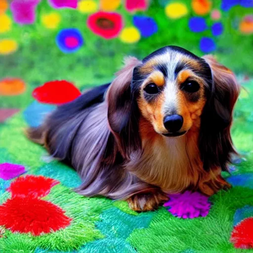 Prompt: long haired dachshund shi tzu mix laying on a bed of multi-color flowers l, Matisse