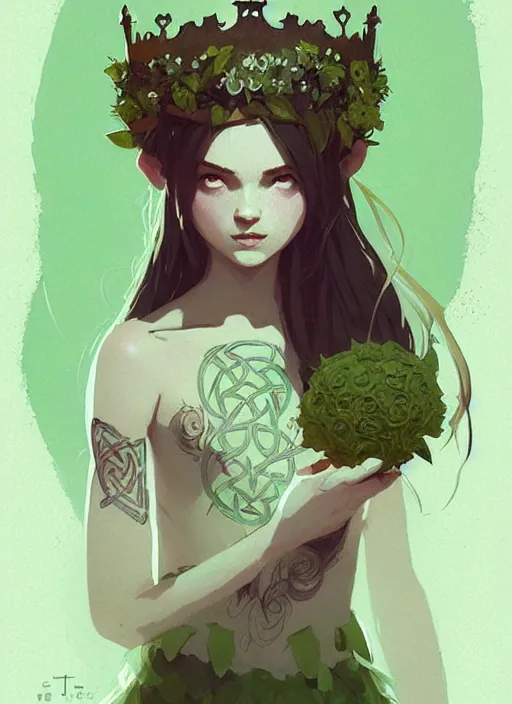 Image similar to portrait of cute fairy girl with crown of flowers covered with celtic rune tattoos, fantasy, by atey ghailan, by greg rutkowski, by greg tocchini, by james gilleard, by joe gb fenton, by kaethe butcher, dynamic lighting, gradient light green, brown, blonde cream and white color in scheme, grunge aesthetic